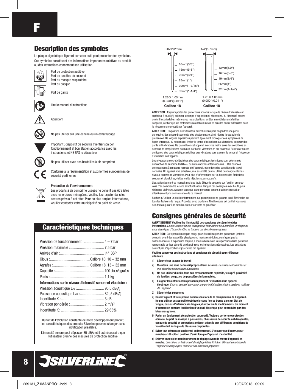 Description des symboles, Consignes générales de sécurité, Caractéristiques techniques | Silverline Air Nailer Stapler 32mm User Manual | Page 9 / 32