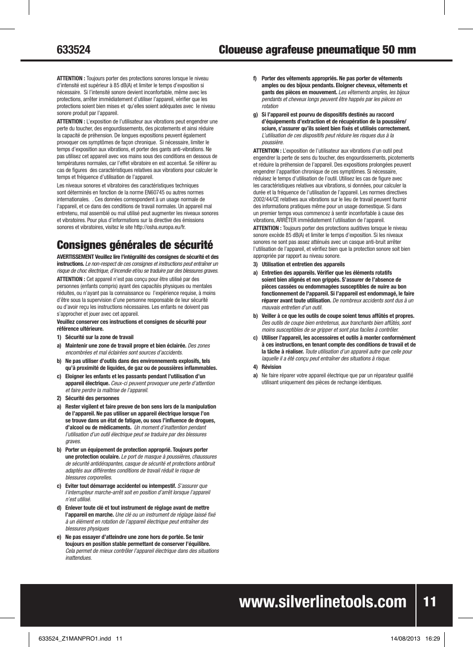 Consignes générales de sécurité | Silverline Air Nailer Stapler 50mm User Manual | Page 12 / 44