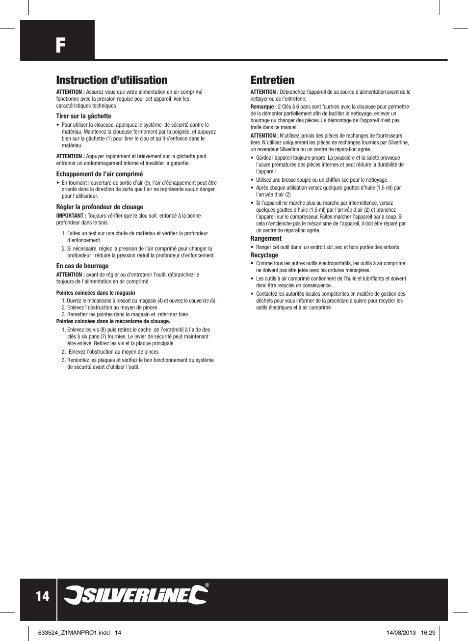 Instruction d’utilisation, Entretien | Silverline Air Nailer Stapler 50mm User Manual | Page 15 / 44