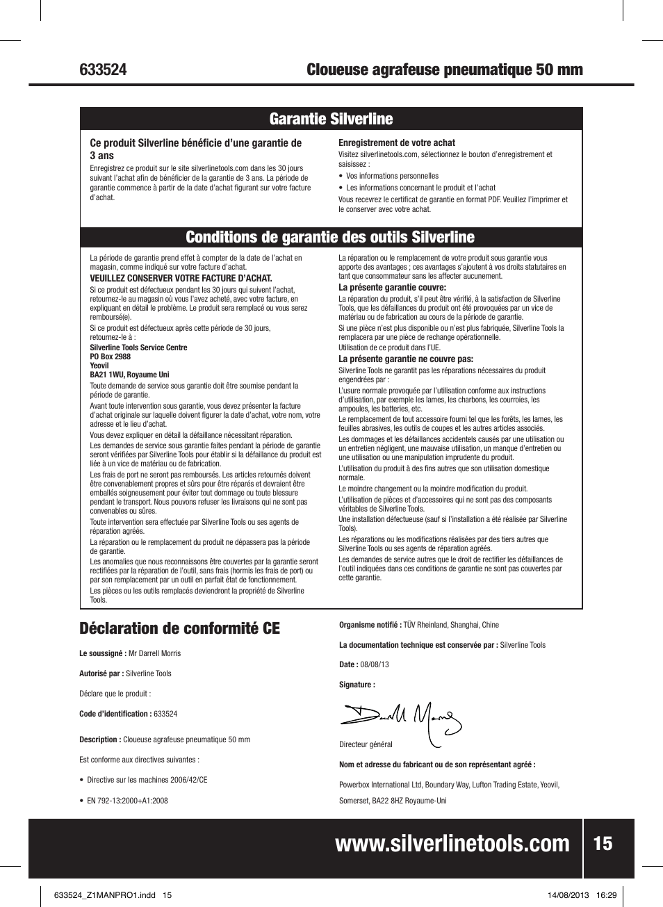 Déclaration de conformité ce | Silverline Air Nailer Stapler 50mm User Manual | Page 16 / 44