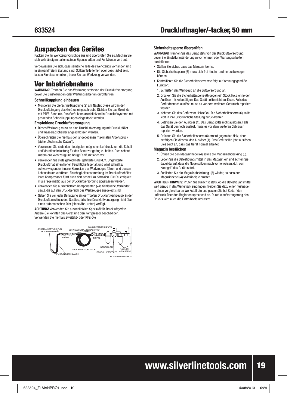 Vor inbetriebnahme | Silverline Air Nailer Stapler 50mm User Manual | Page 20 / 44