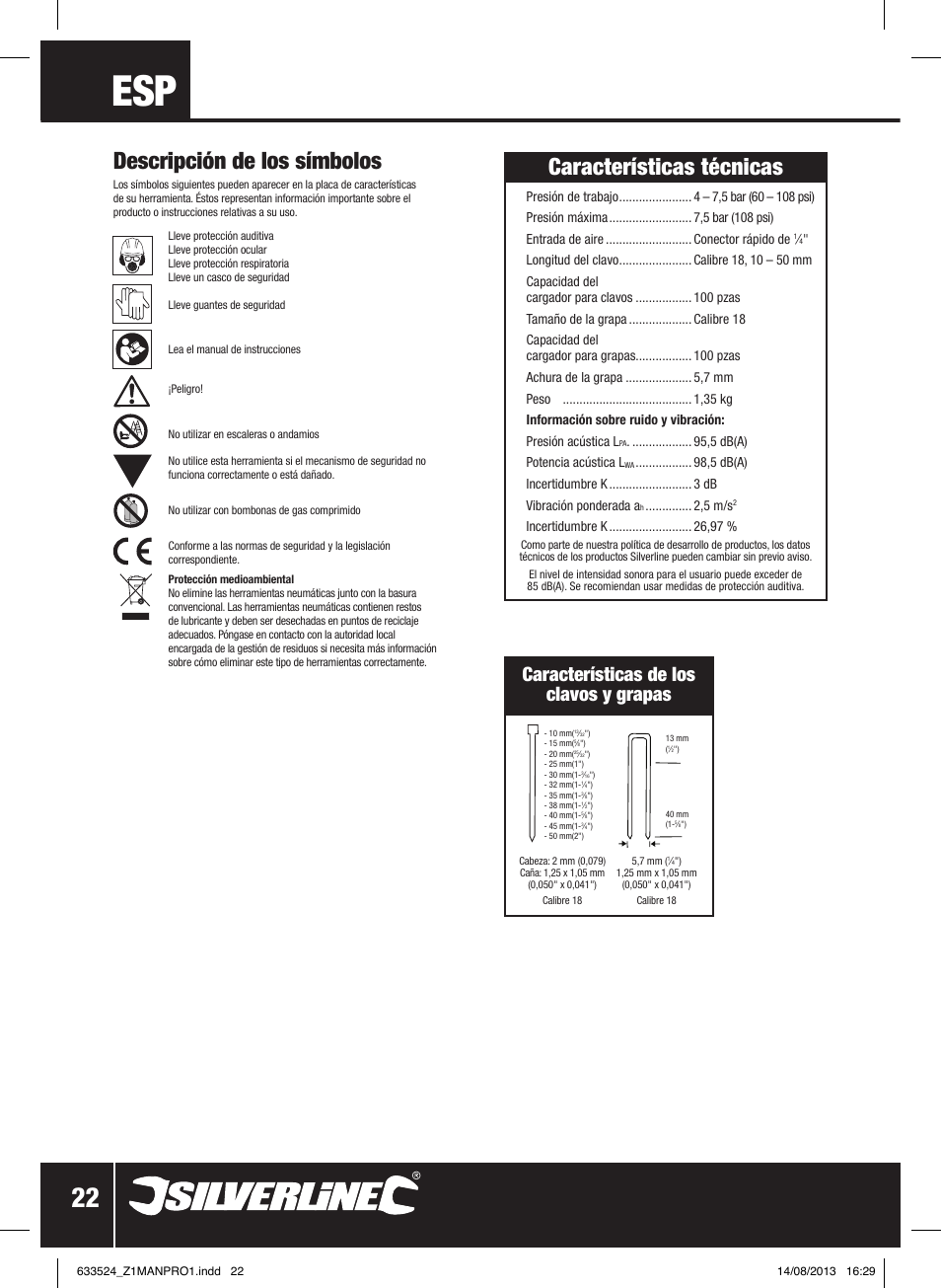 Descripción de los símbolos, Características técnicas, Características de los clavos y grapas | Silverline Air Nailer Stapler 50mm User Manual | Page 23 / 44