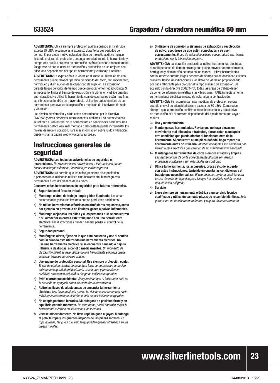 Instrucciones generales de seguridad | Silverline Air Nailer Stapler 50mm User Manual | Page 24 / 44