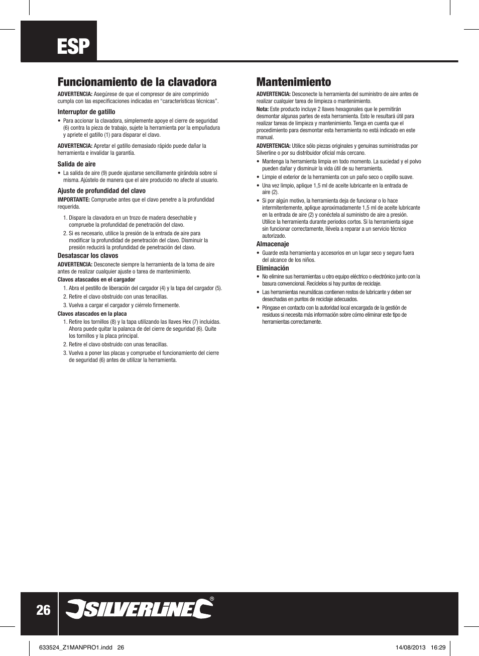 Funcionamiento de la clavadora, Mantenimiento | Silverline Air Nailer Stapler 50mm User Manual | Page 27 / 44
