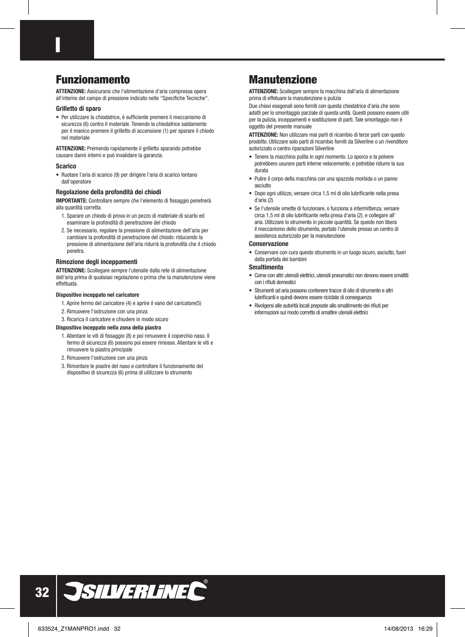 Funzionamento, Manutenzione | Silverline Air Nailer Stapler 50mm User Manual | Page 33 / 44
