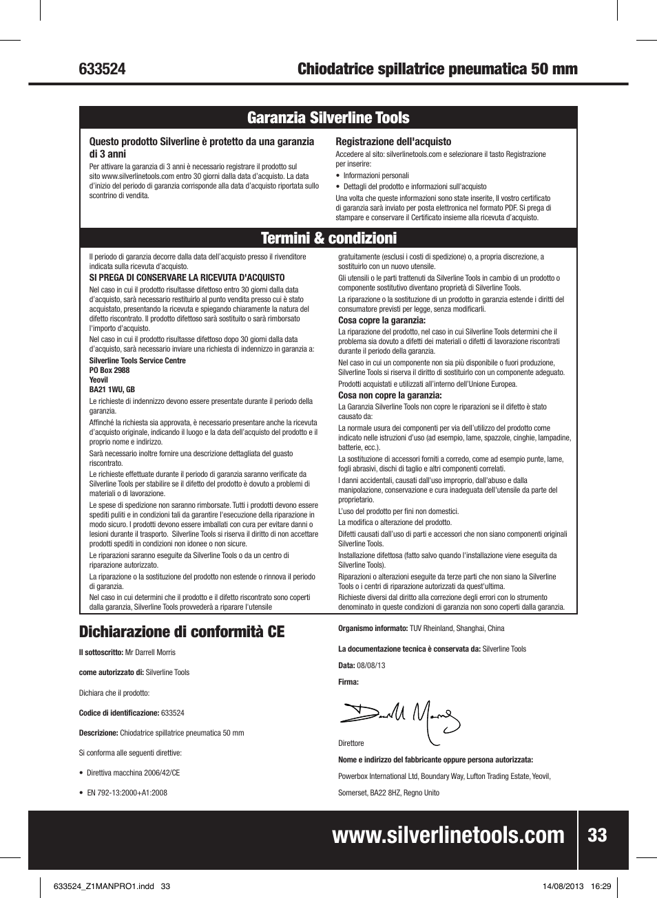 Dichiarazione di conformità ce | Silverline Air Nailer Stapler 50mm User Manual | Page 34 / 44