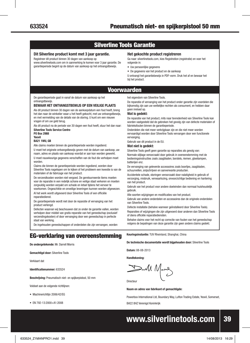 Eg-verklaring van overeenstemming | Silverline Air Nailer Stapler 50mm User Manual | Page 40 / 44