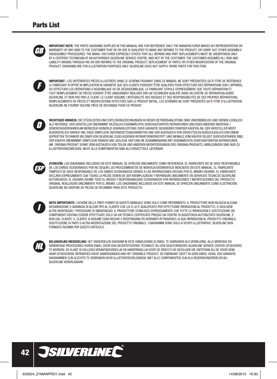 Parts list | Silverline Air Nailer Stapler 50mm User Manual | Page 43 / 44