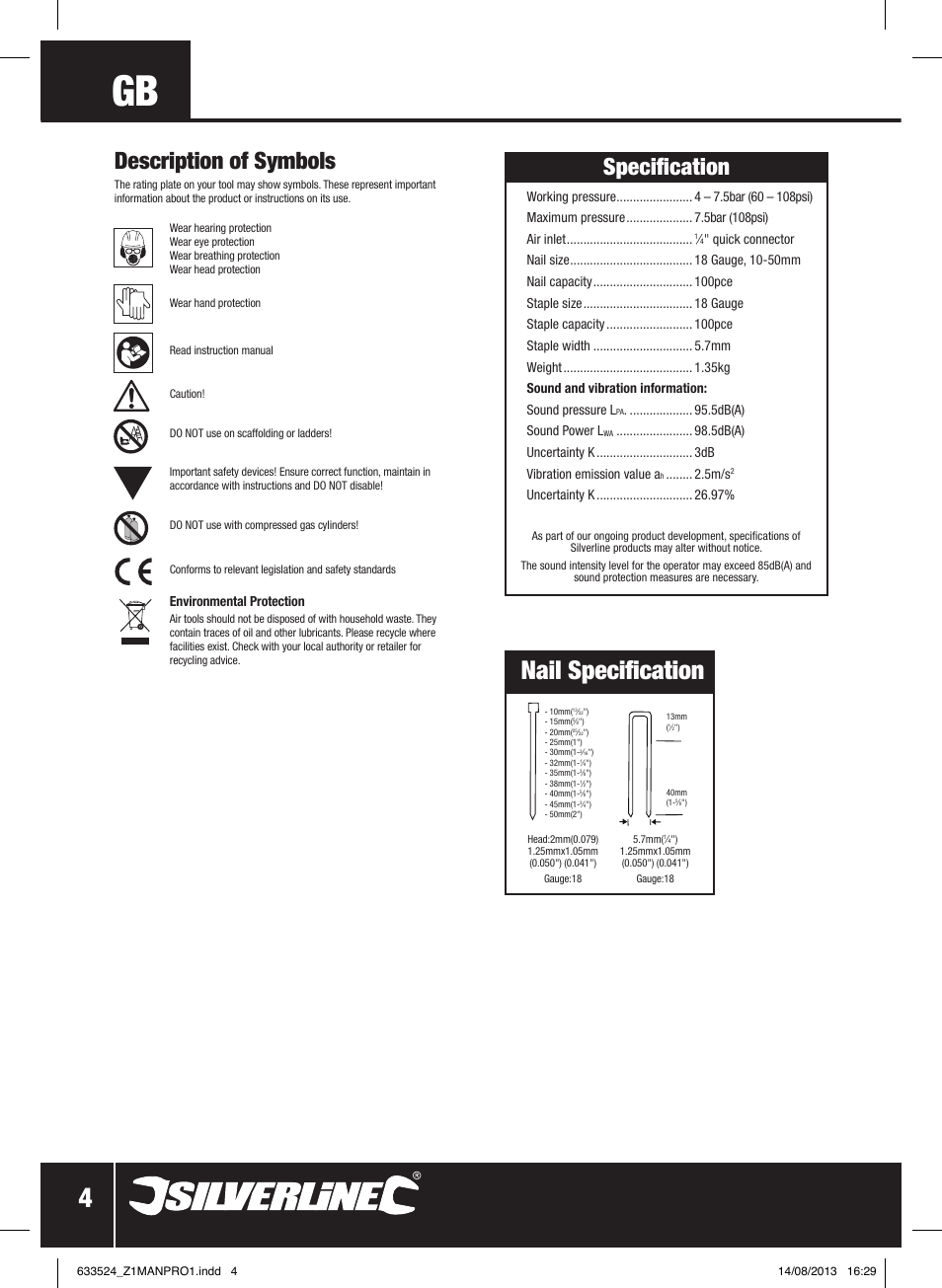 Nail specification, Specification, Description of symbols | Silverline Air Nailer Stapler 50mm User Manual | Page 5 / 44