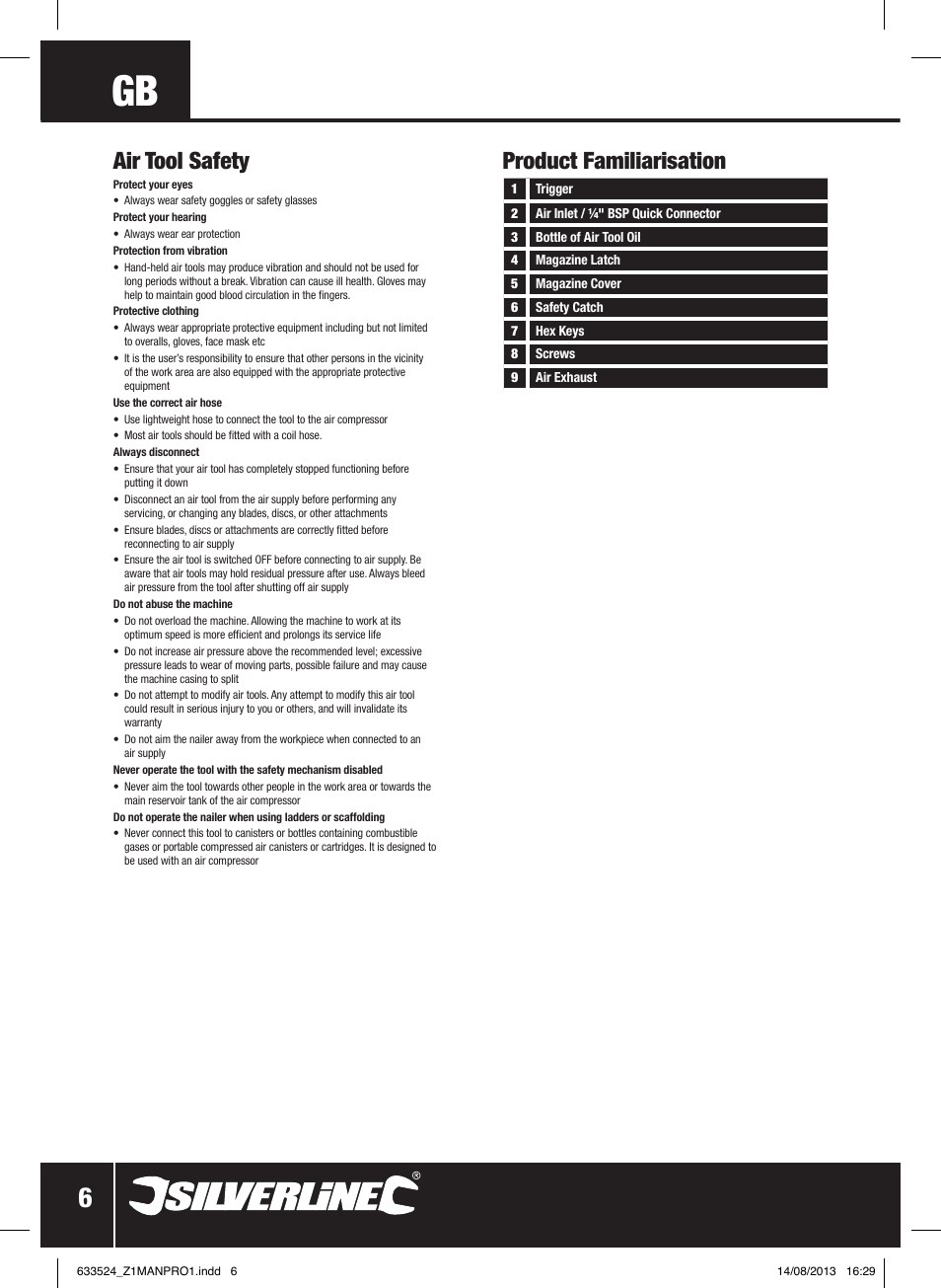 Product familiarisation air tool safety | Silverline Air Nailer Stapler 50mm User Manual | Page 7 / 44