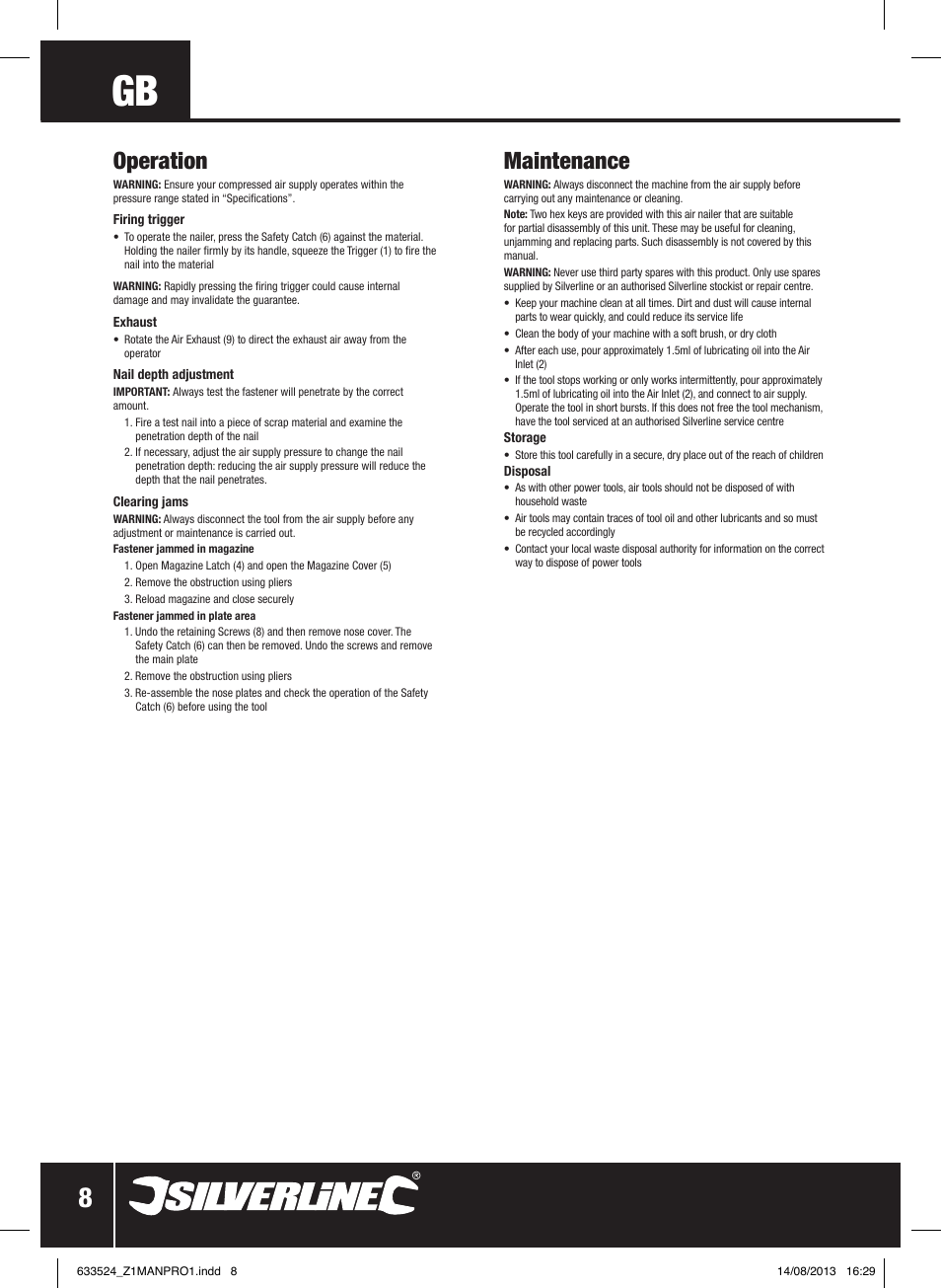 Operation, Maintenance | Silverline Air Nailer Stapler 50mm User Manual | Page 9 / 44