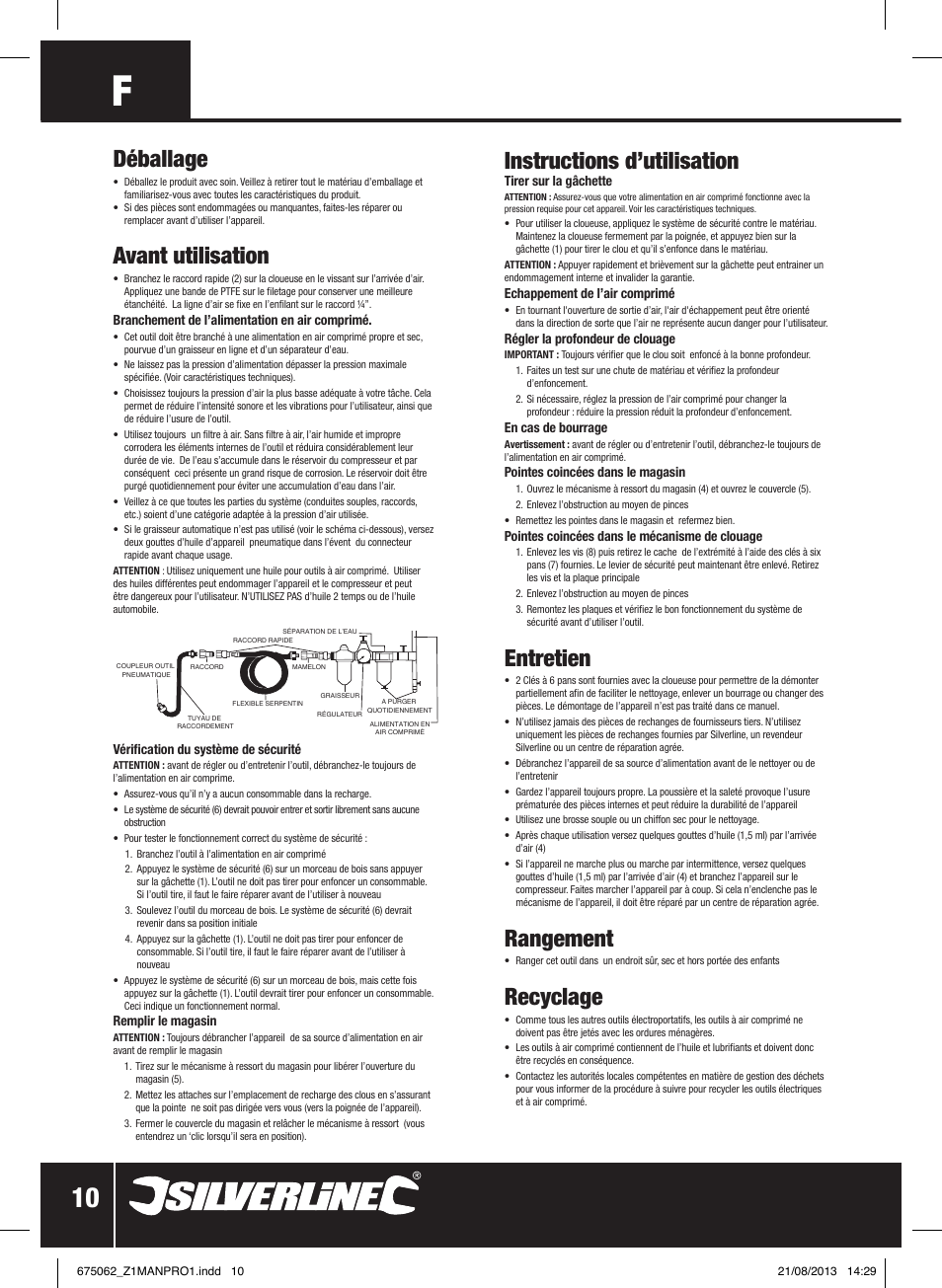 Instructions d’utilisation, Entretien, Rangement | Recyclage, Déballage, Avant utilisation | Silverline Air Brad Nailer 32mm User Manual | Page 11 / 32