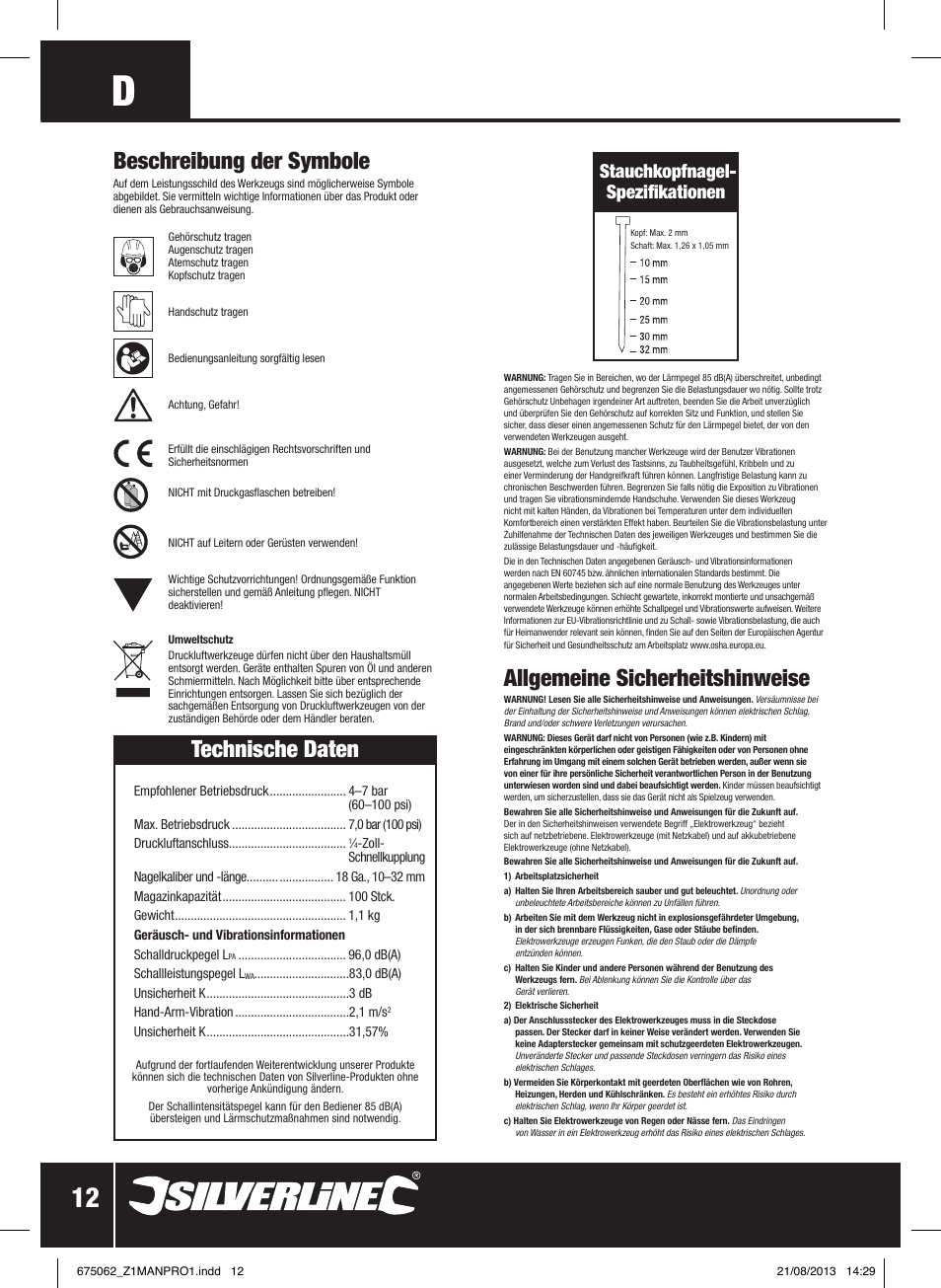 Allgemeine sicherheitshinweise, Technische daten, Beschreibung der symbole | Stauchkopfnagel- spezifikationen | Silverline Air Brad Nailer 32mm User Manual | Page 13 / 32