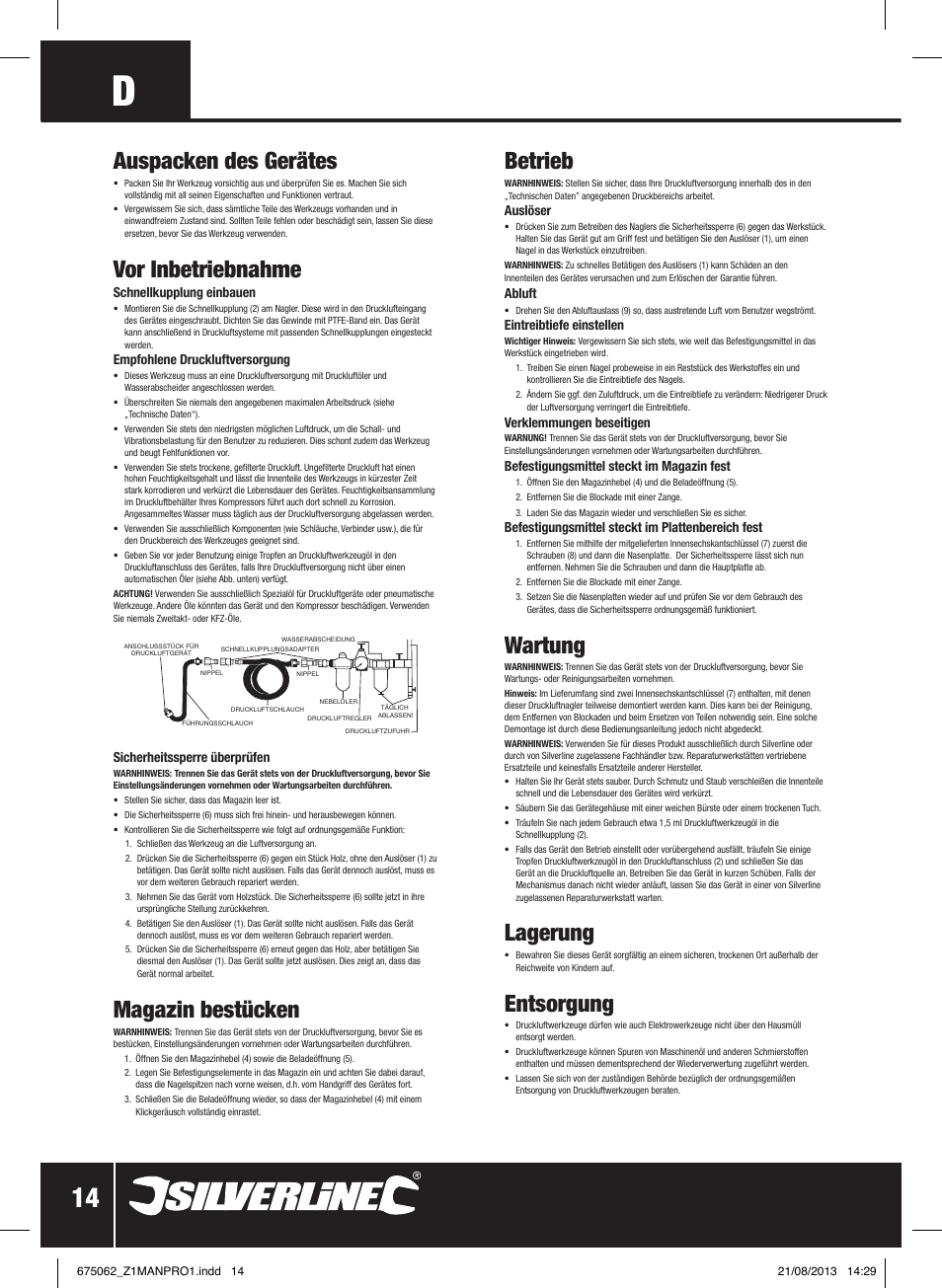 Auspacken des gerätes, Vor inbetriebnahme, Magazin bestücken | Betrieb, Wartung, Lagerung, Entsorgung | Silverline Air Brad Nailer 32mm User Manual | Page 15 / 32