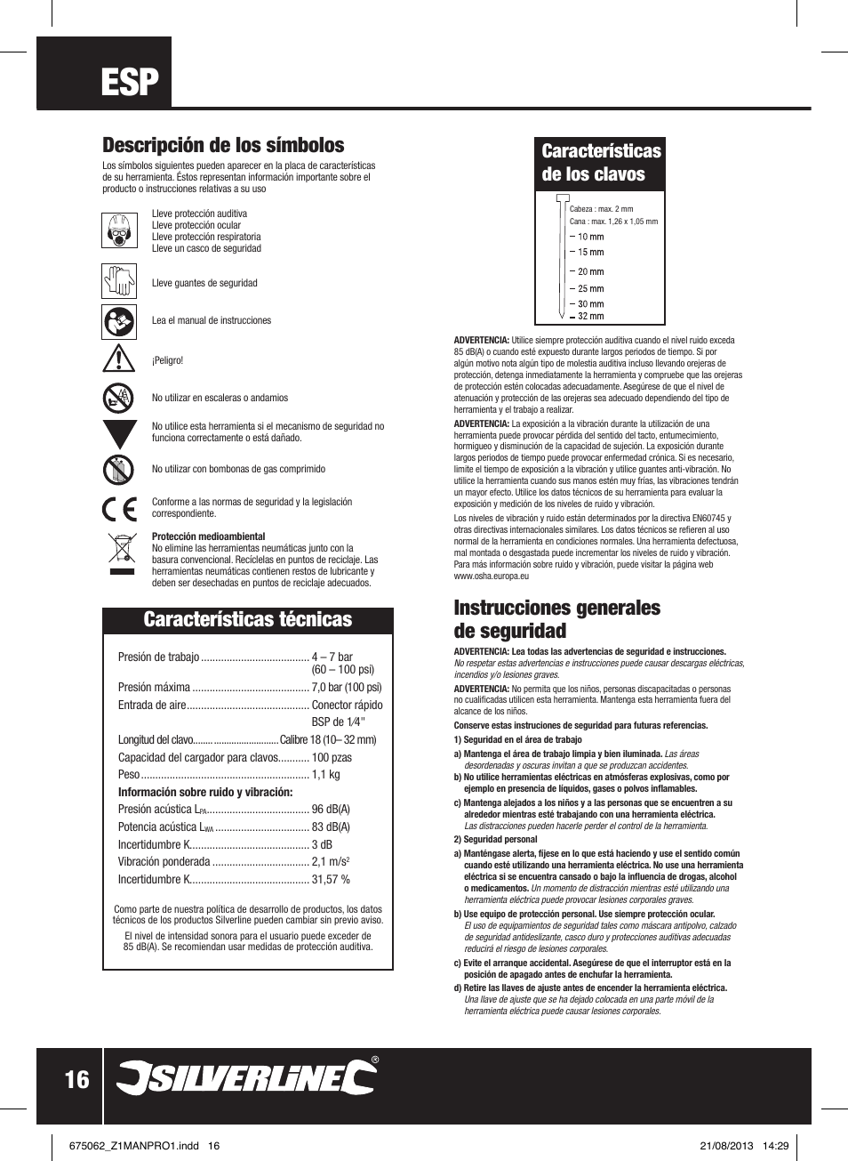Descripción de los símbolos, Características técnicas, Instrucciones generales de seguridad | Características de los clavos | Silverline Air Brad Nailer 32mm User Manual | Page 17 / 32