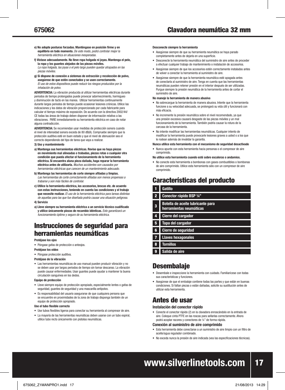 Características del producto, Desembalaje, Antes de usar | Silverline Air Brad Nailer 32mm User Manual | Page 18 / 32