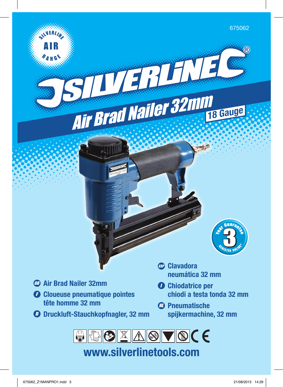 Air brad nailer 32mm, A i r, 18 gauge | Silverline Air Brad Nailer 32mm User Manual | Page 2 / 32