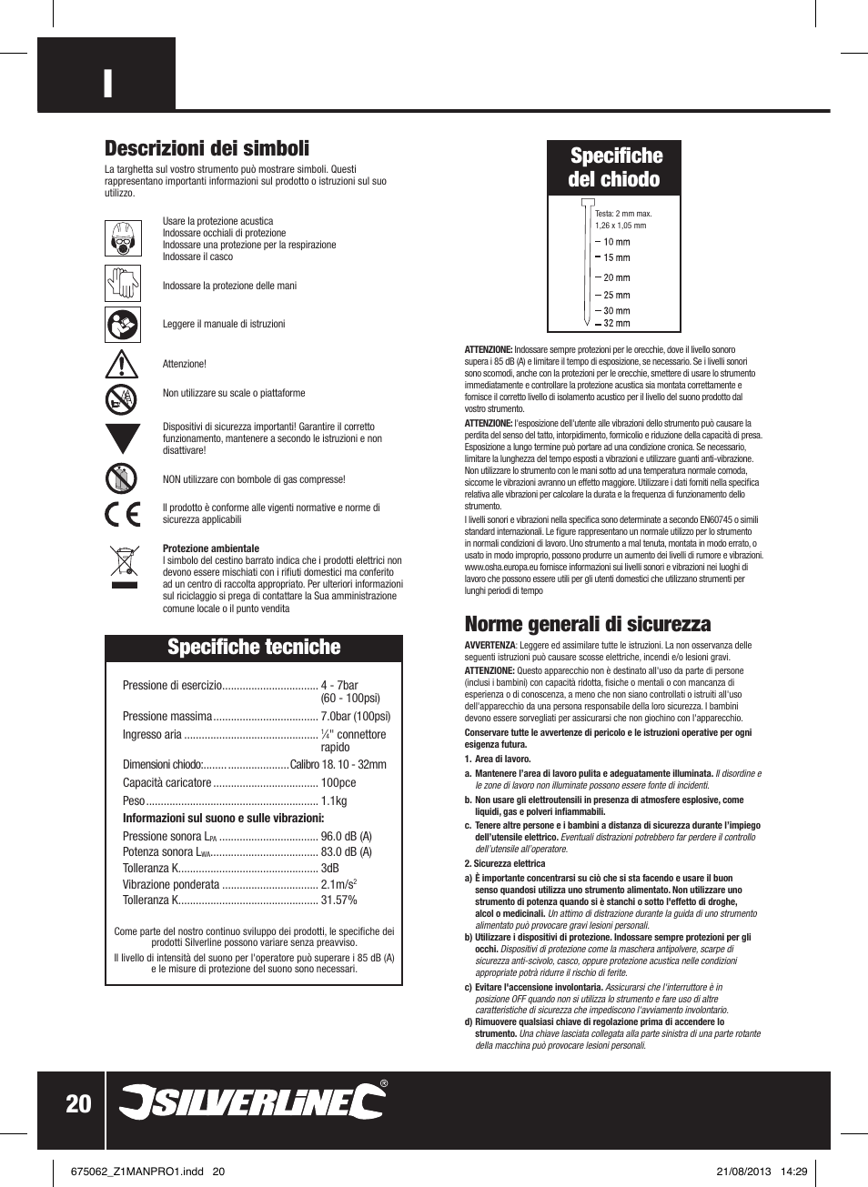 Norme generali di sicurezza, Specifiche del chiodo descrizioni dei simboli, Specifiche tecniche | Silverline Air Brad Nailer 32mm User Manual | Page 21 / 32