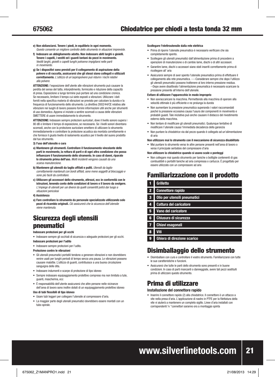 Disimballaggio dello strumento, Prima di utilizzare, Sicurezza degli utensili pneumatici | Familiarizzazione con il prodotto | Silverline Air Brad Nailer 32mm User Manual | Page 22 / 32
