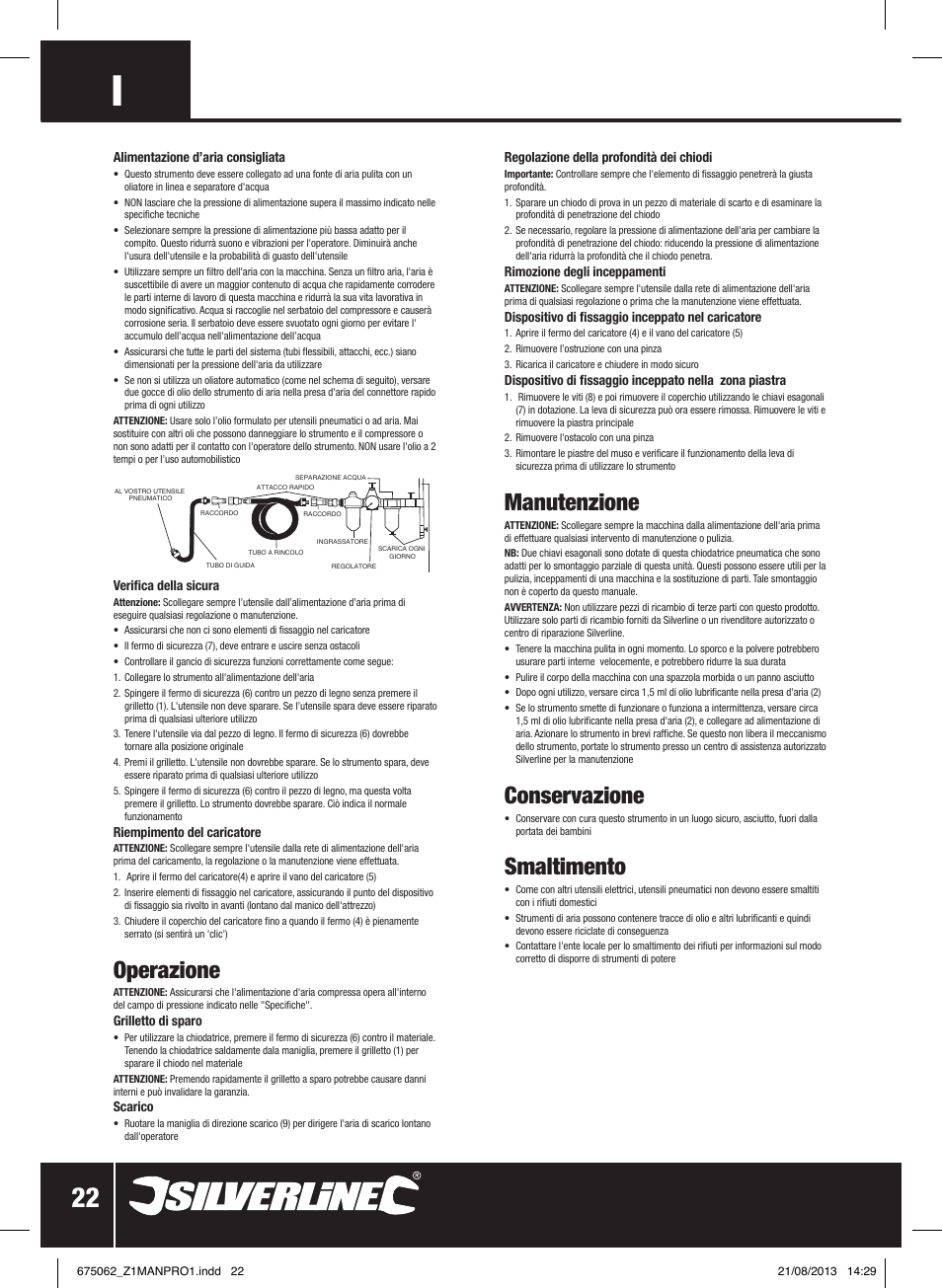 Operazione, Manutenzione, Conservazione | Smaltimento | Silverline Air Brad Nailer 32mm User Manual | Page 23 / 32