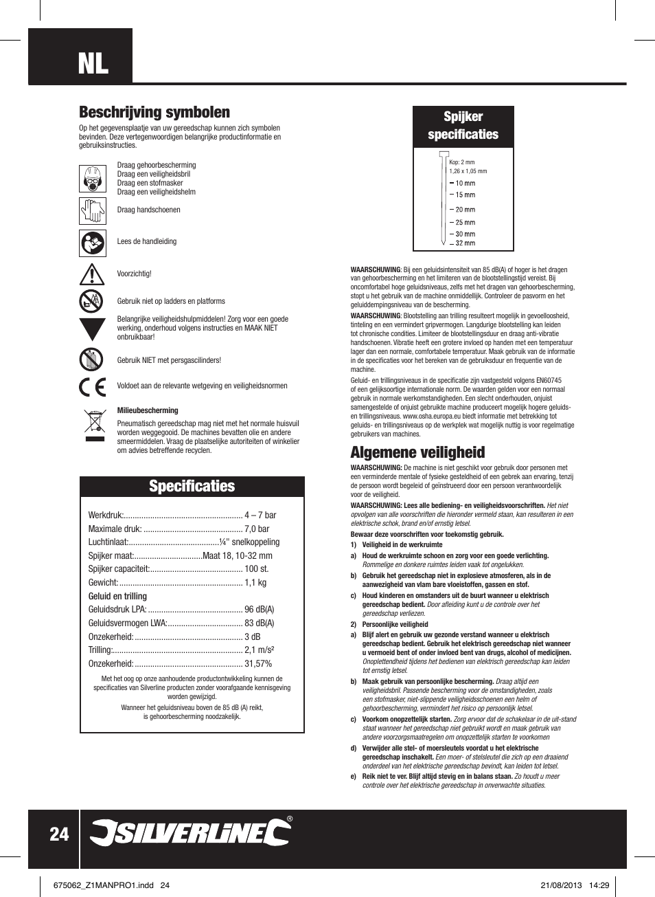 Algemene veiligheid, Specificaties, Beschrijving symbolen | Spijker specificaties | Silverline Air Brad Nailer 32mm User Manual | Page 25 / 32