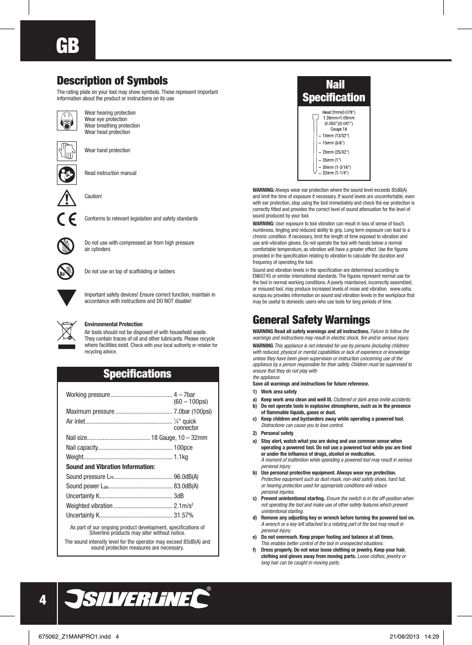 General safety warnings, Nail specification description of symbols, Specifications | Silverline Air Brad Nailer 32mm User Manual | Page 5 / 32