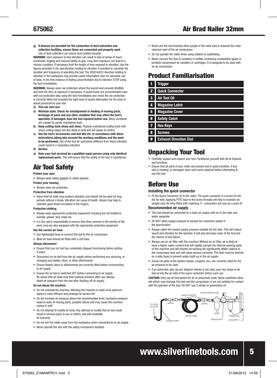 Air tool safety, Unpacking your tool, Before use | Air brad nailer 32mm, Product familiarisation | Silverline Air Brad Nailer 32mm User Manual | Page 6 / 32