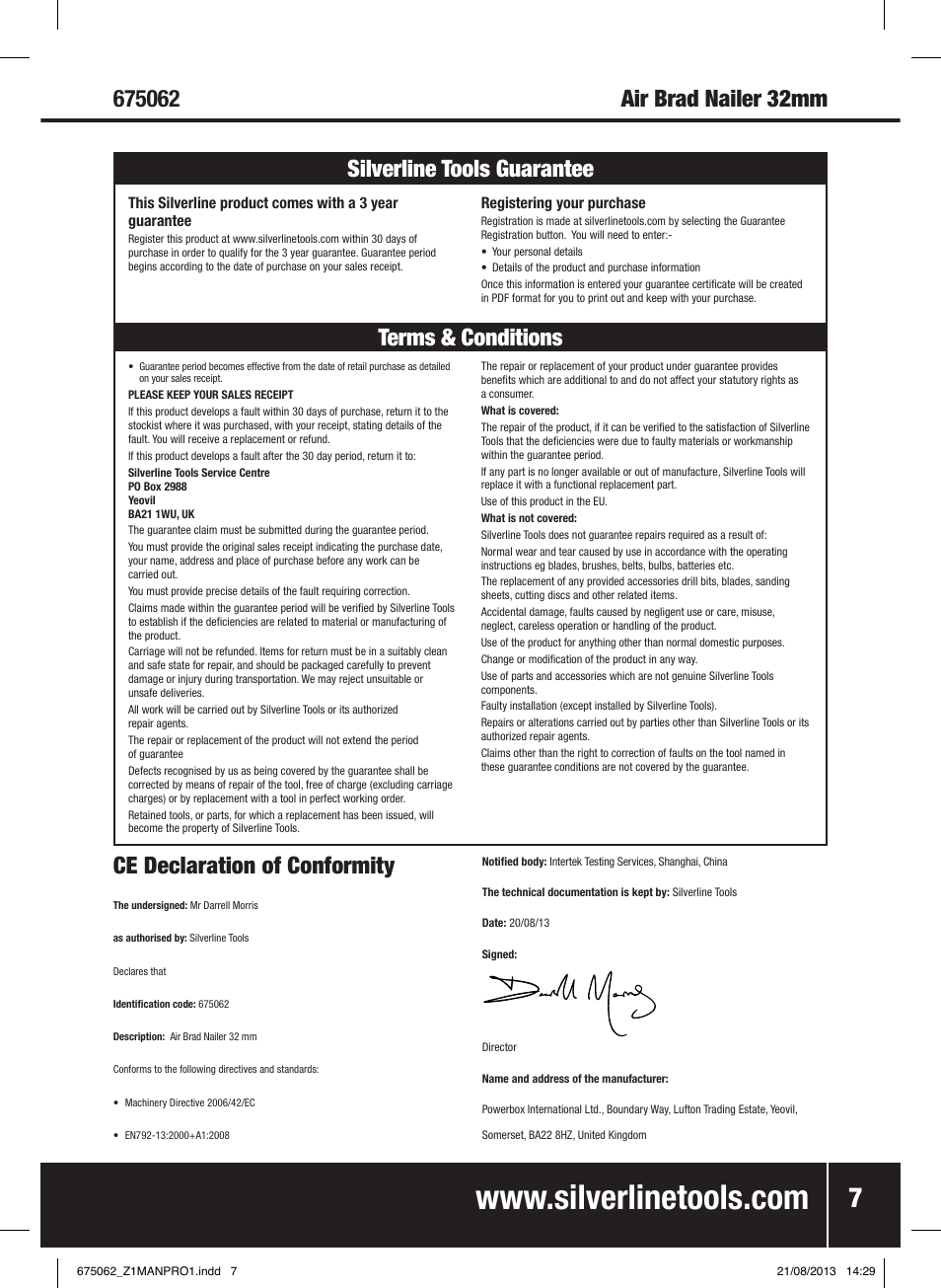 Ce declaration of conformity | Silverline Air Brad Nailer 32mm User Manual | Page 8 / 32
