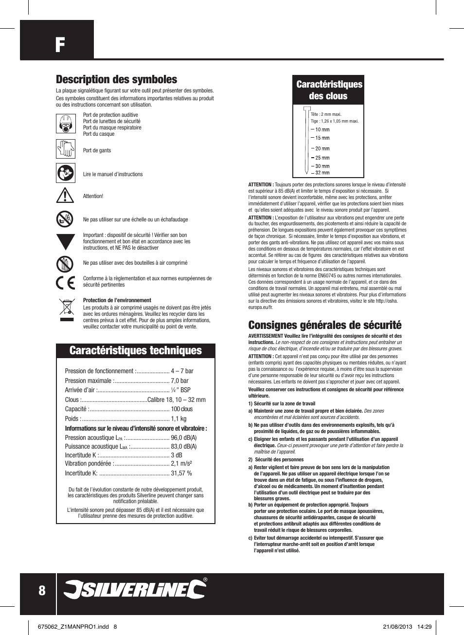 Consignes générales de sécurité, Caractéristiques techniques, Description des symboles | Caractéristiques des clous | Silverline Air Brad Nailer 32mm User Manual | Page 9 / 32