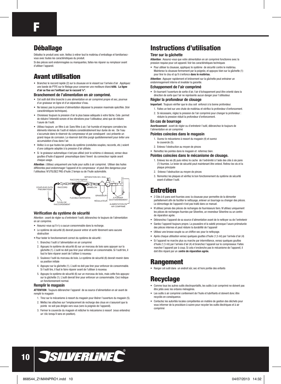 Déballage, Avant utilisation, Instructions d’utilisation | Entretien, Rangement, Recyclage | Silverline Air Brad Nailer 50mm User Manual | Page 11 / 32