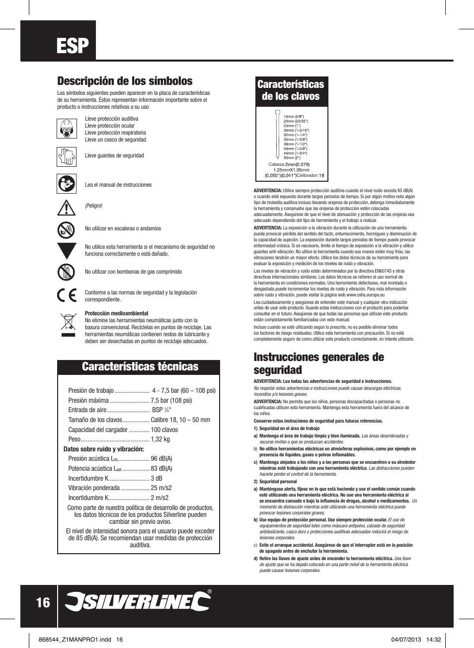 Características técnicas, Instrucciones generales de seguridad, Descripción de los símbolos | Características de los clavos | Silverline Air Brad Nailer 50mm User Manual | Page 17 / 32