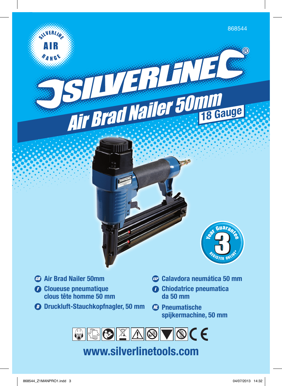 Air brad nailer 50mm, 18 gauge, A i r | Silverline Air Brad Nailer 50mm User Manual | Page 2 / 32