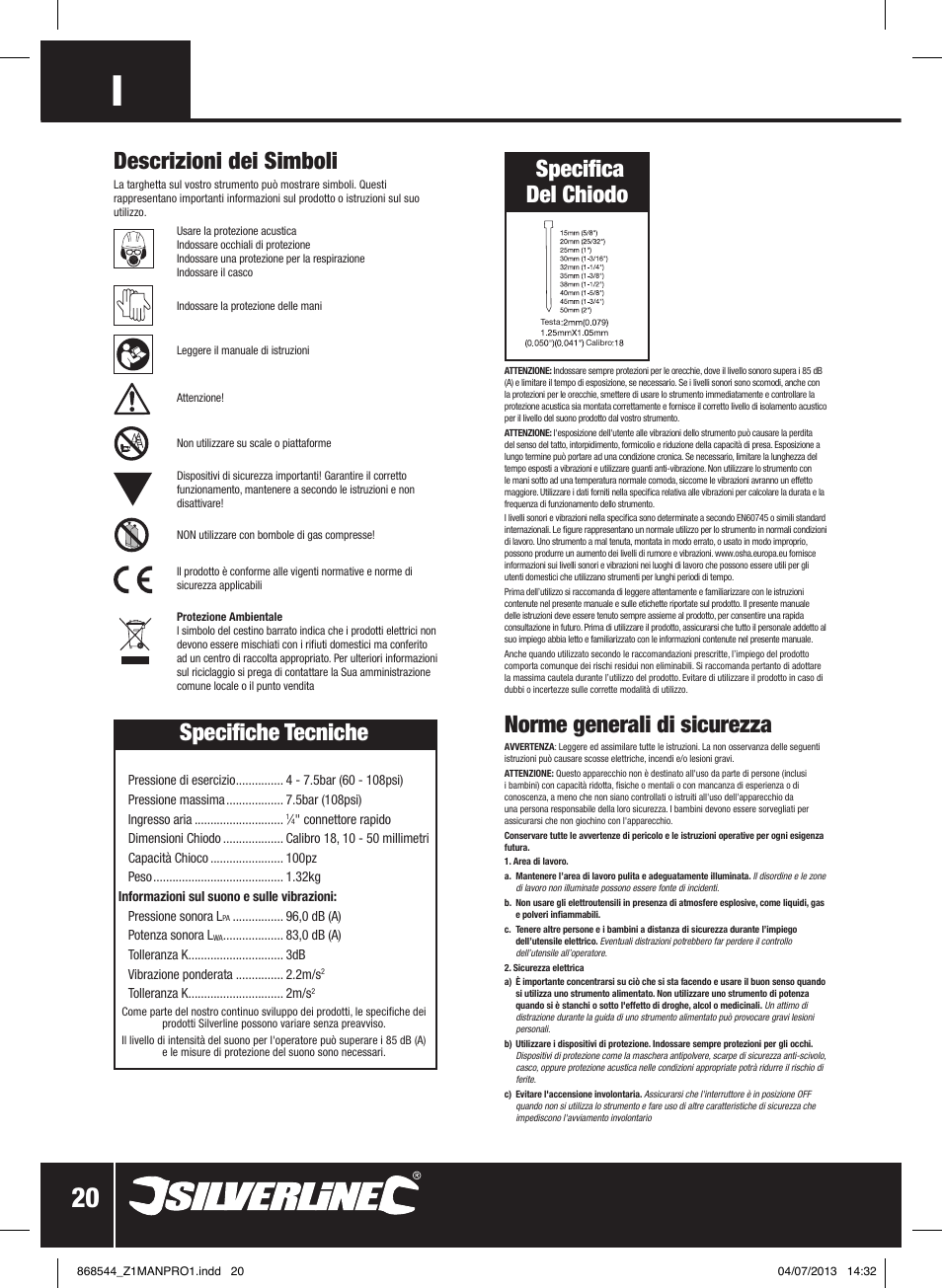 Specifica del chiodo specifiche tecniche, Norme generali di sicurezza, Descrizioni dei simboli | Silverline Air Brad Nailer 50mm User Manual | Page 21 / 32