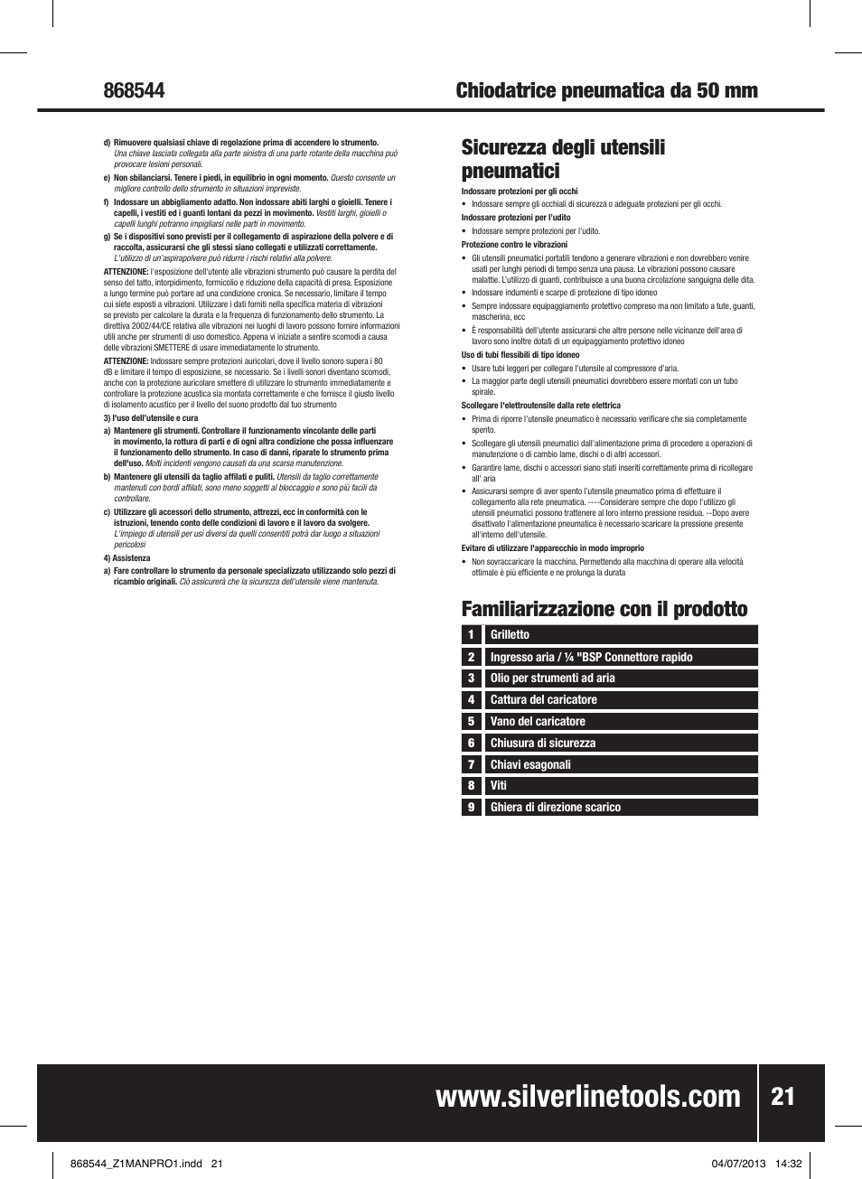 Sicurezza degli utensili pneumatici, Familiarizzazione con il prodotto | Silverline Air Brad Nailer 50mm User Manual | Page 22 / 32