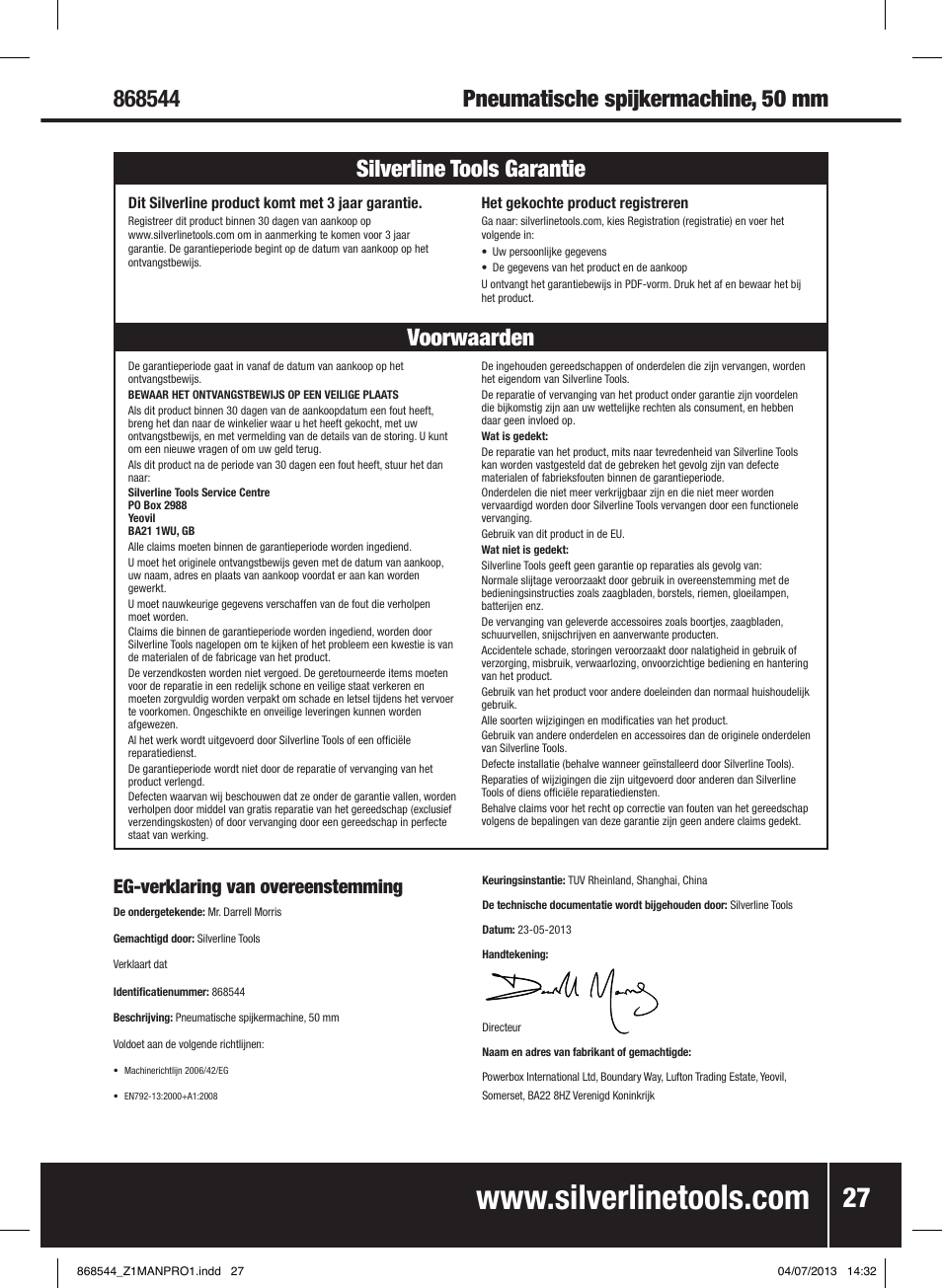 Eg-verklaring van overeenstemming | Silverline Air Brad Nailer 50mm User Manual | Page 28 / 32