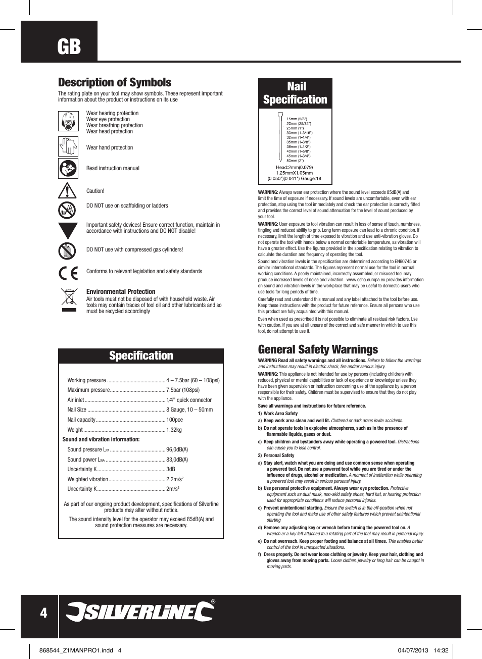 Nail specification specification, Description of symbols, General safety warnings | Silverline Air Brad Nailer 50mm User Manual | Page 5 / 32