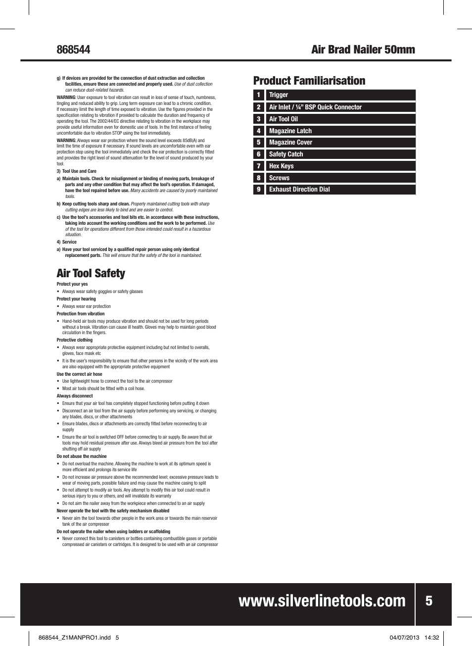 Air tool safety, Product familiarisation air brad nailer 50mm | Silverline Air Brad Nailer 50mm User Manual | Page 6 / 32