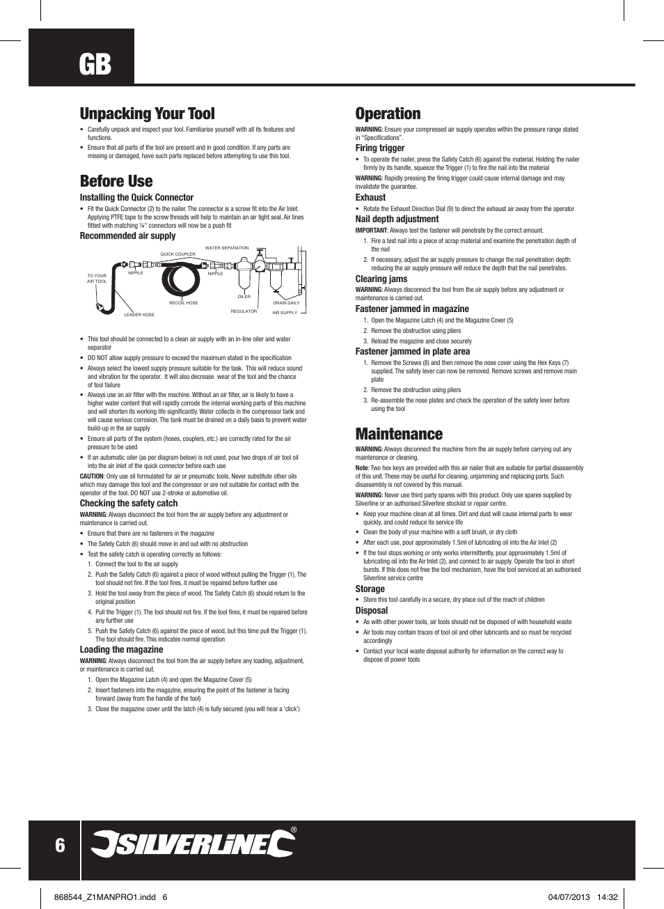Unpacking your tool, Before use, Operation | Maintenance | Silverline Air Brad Nailer 50mm User Manual | Page 7 / 32