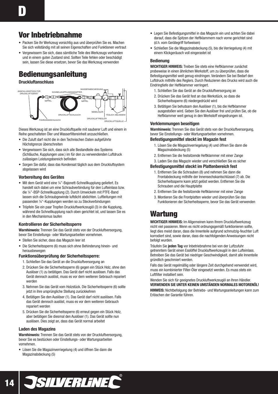 Wartung, Vor inbetriebnahme, Bedienungsanleitung | Silverline Air Narrow Crown Stapler 22mm User Manual | Page 15 / 28