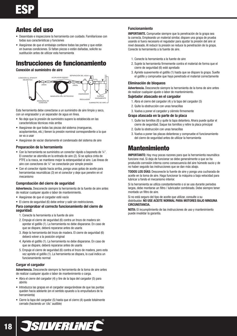 Mantenimiento, Antes del uso, Instrucciones de funcionamiento | Silverline Air Narrow Crown Stapler 22mm User Manual | Page 19 / 28