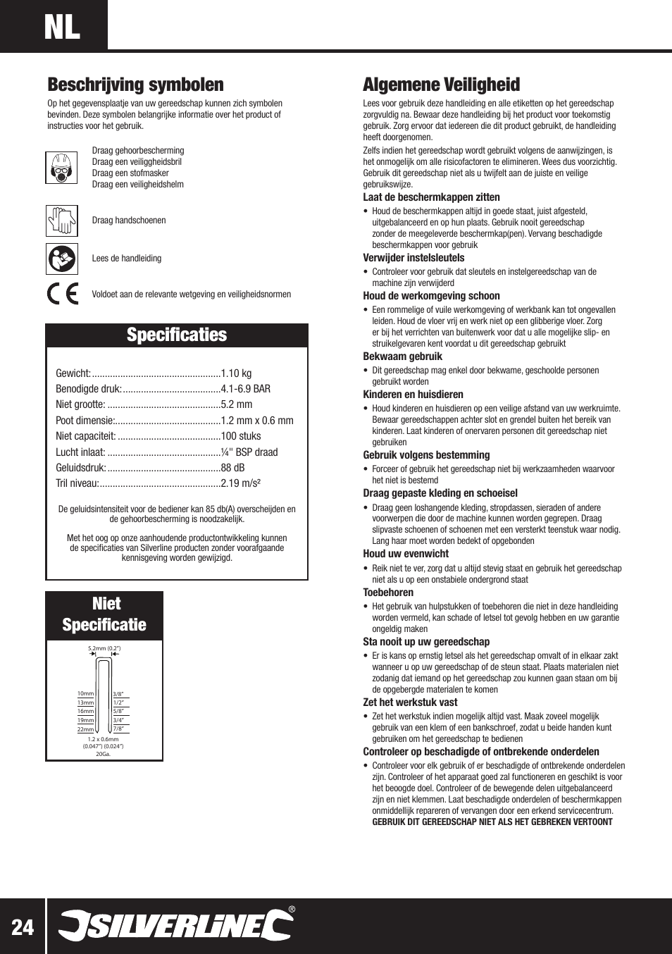 Algemene veiligheid, Beschrijving symbolen, Specificaties | Niet specificatie | Silverline Air Narrow Crown Stapler 22mm User Manual | Page 25 / 28