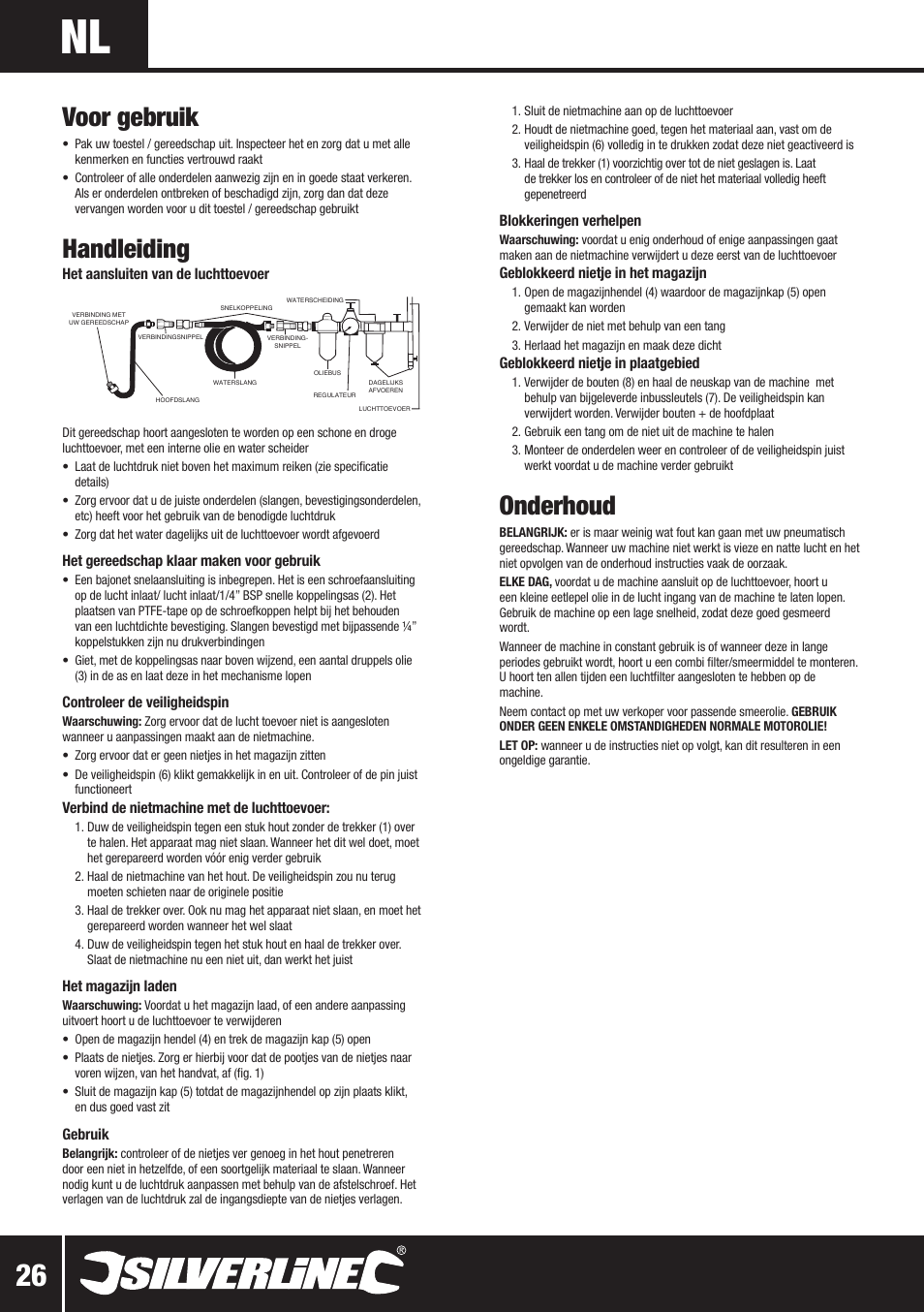 Onderhoud, Voor gebruik, Handleiding | Silverline Air Narrow Crown Stapler 22mm User Manual | Page 27 / 28