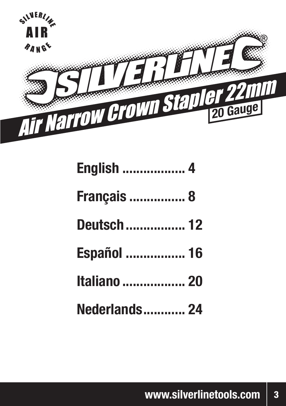 Air narrow crown stapler 22mm, A i r, 20 gauge | Silverline Air Narrow Crown Stapler 22mm User Manual | Page 4 / 28