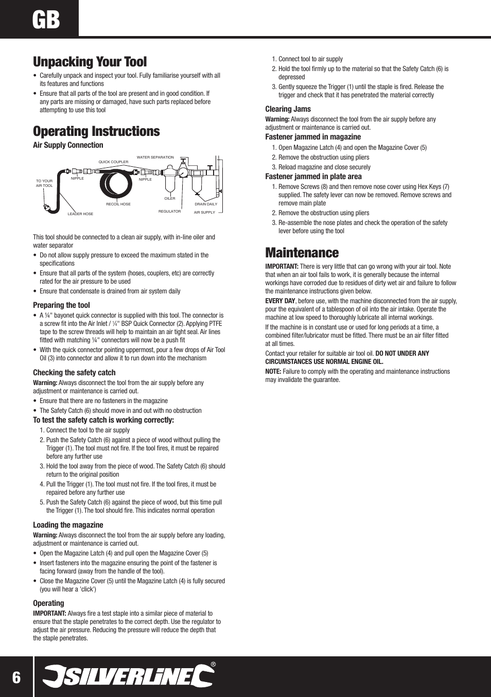 Maintenance, Unpacking your tool, Operating instructions | Silverline Air Narrow Crown Stapler 22mm User Manual | Page 7 / 28