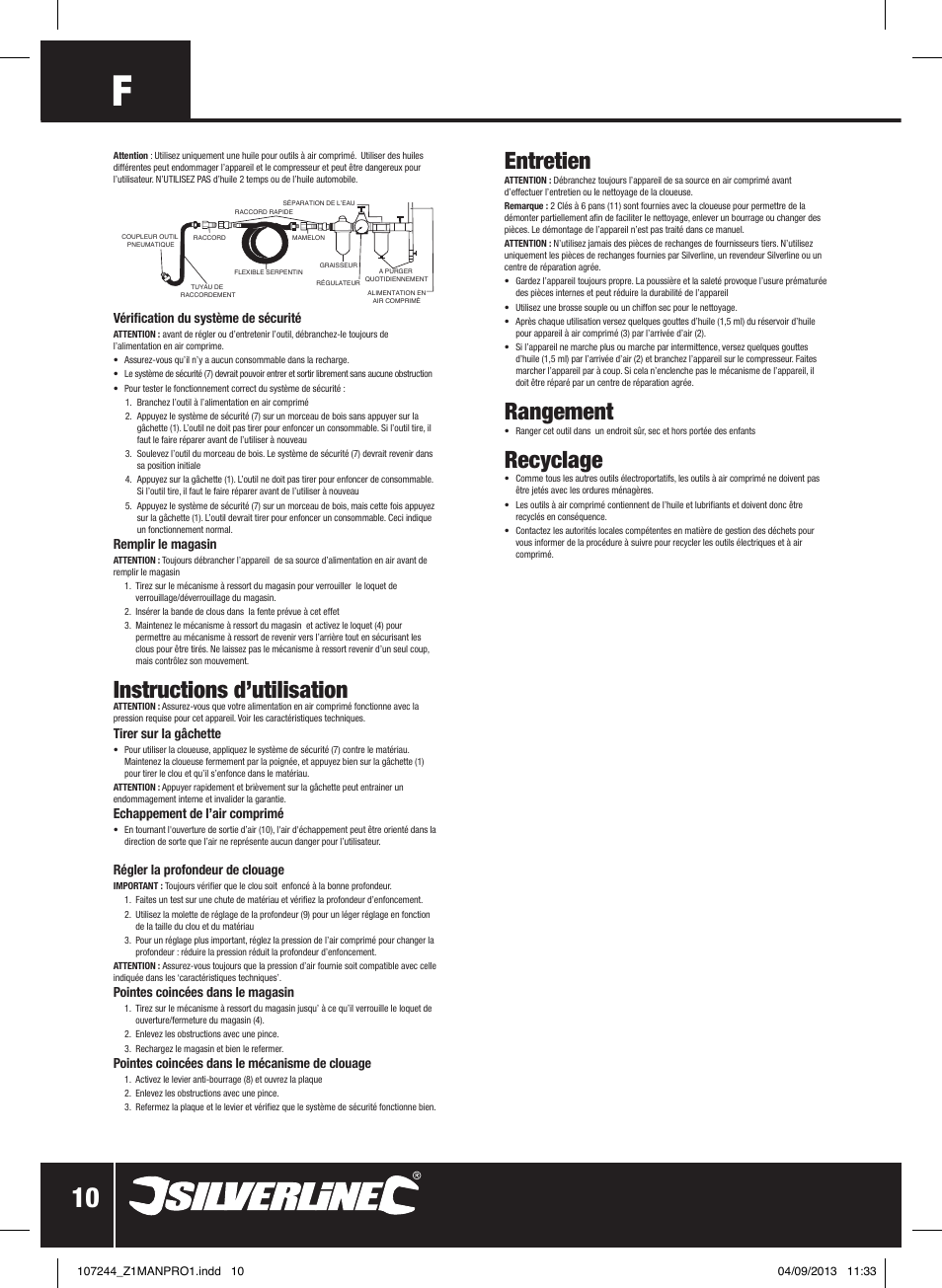 Instructions d’utilisation, Entretien, Rangement | Recyclage | Silverline Air Finishing Nailer 50mm User Manual | Page 11 / 32