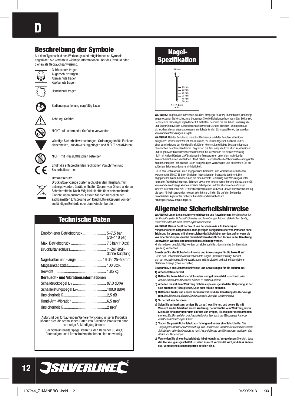 Allgemeine sicherheitshinweise, Beschreibung der symbole, Technische daten | Nagel- spezifikation | Silverline Air Finishing Nailer 50mm User Manual | Page 13 / 32