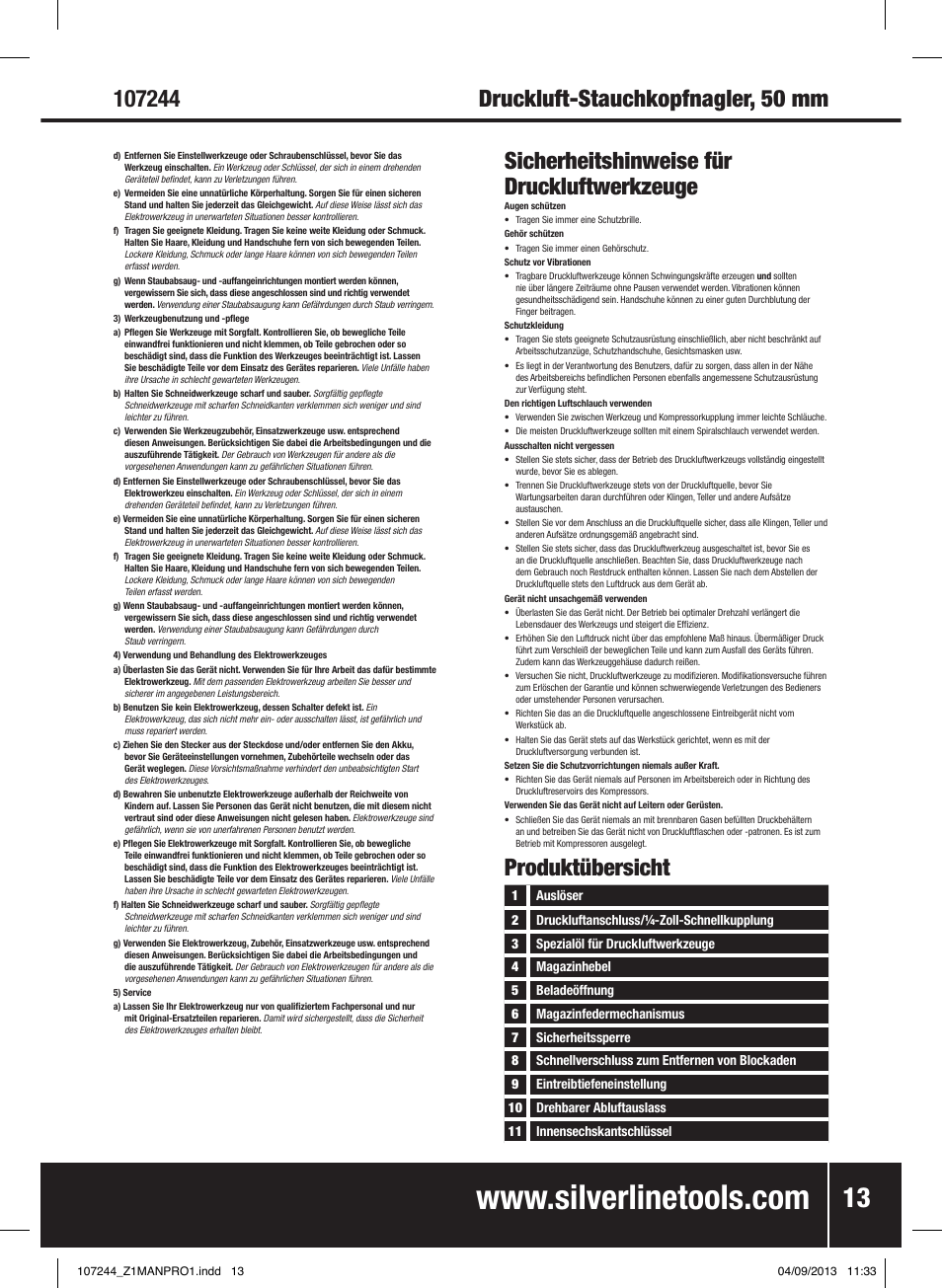 Sicherheitshinweise für druckluftwerkzeuge, Produktübersicht | Silverline Air Finishing Nailer 50mm User Manual | Page 14 / 32