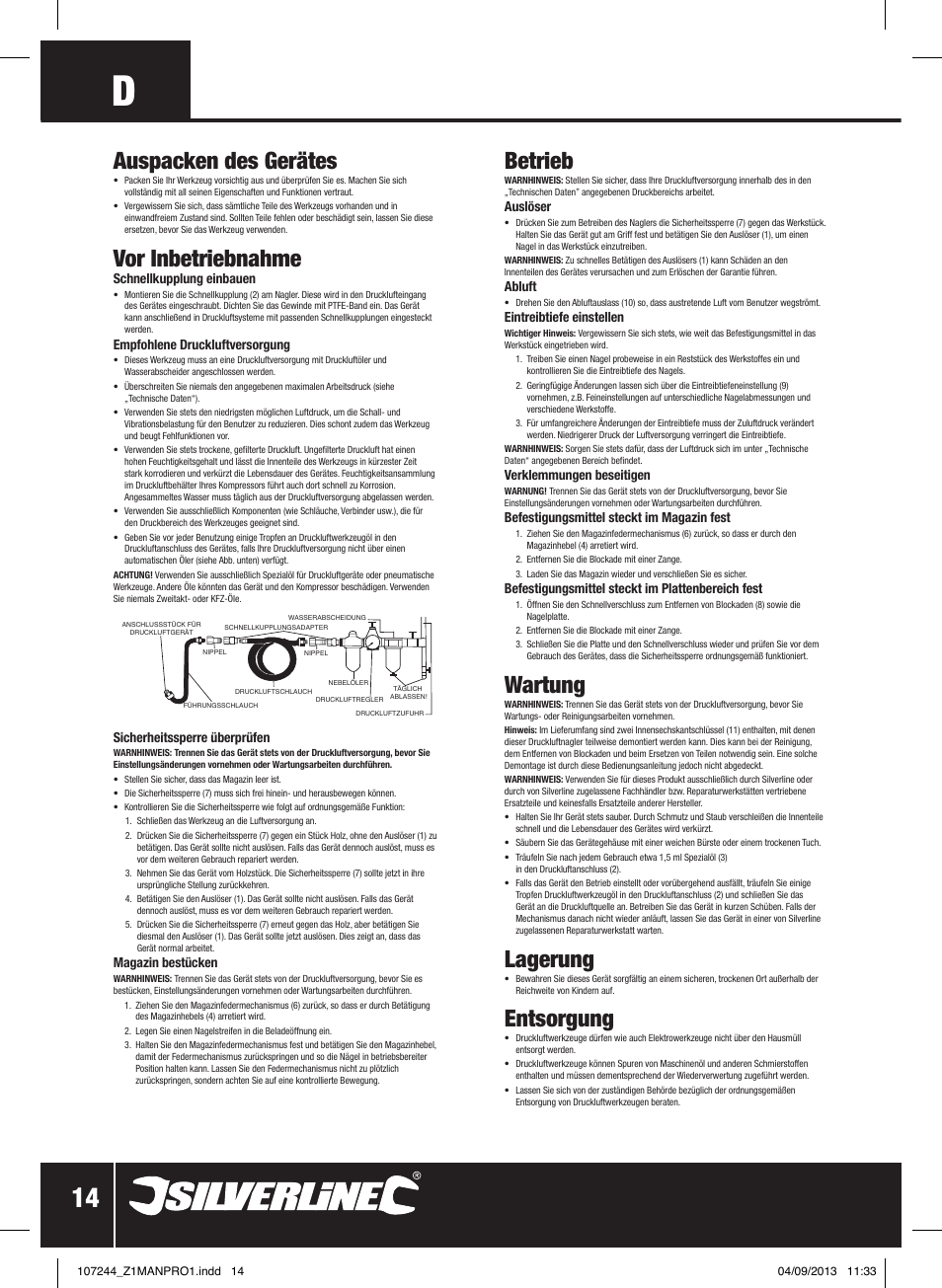 Auspacken des gerätes, Vor inbetriebnahme, Betrieb | Wartung, Lagerung, Entsorgung | Silverline Air Finishing Nailer 50mm User Manual | Page 15 / 32