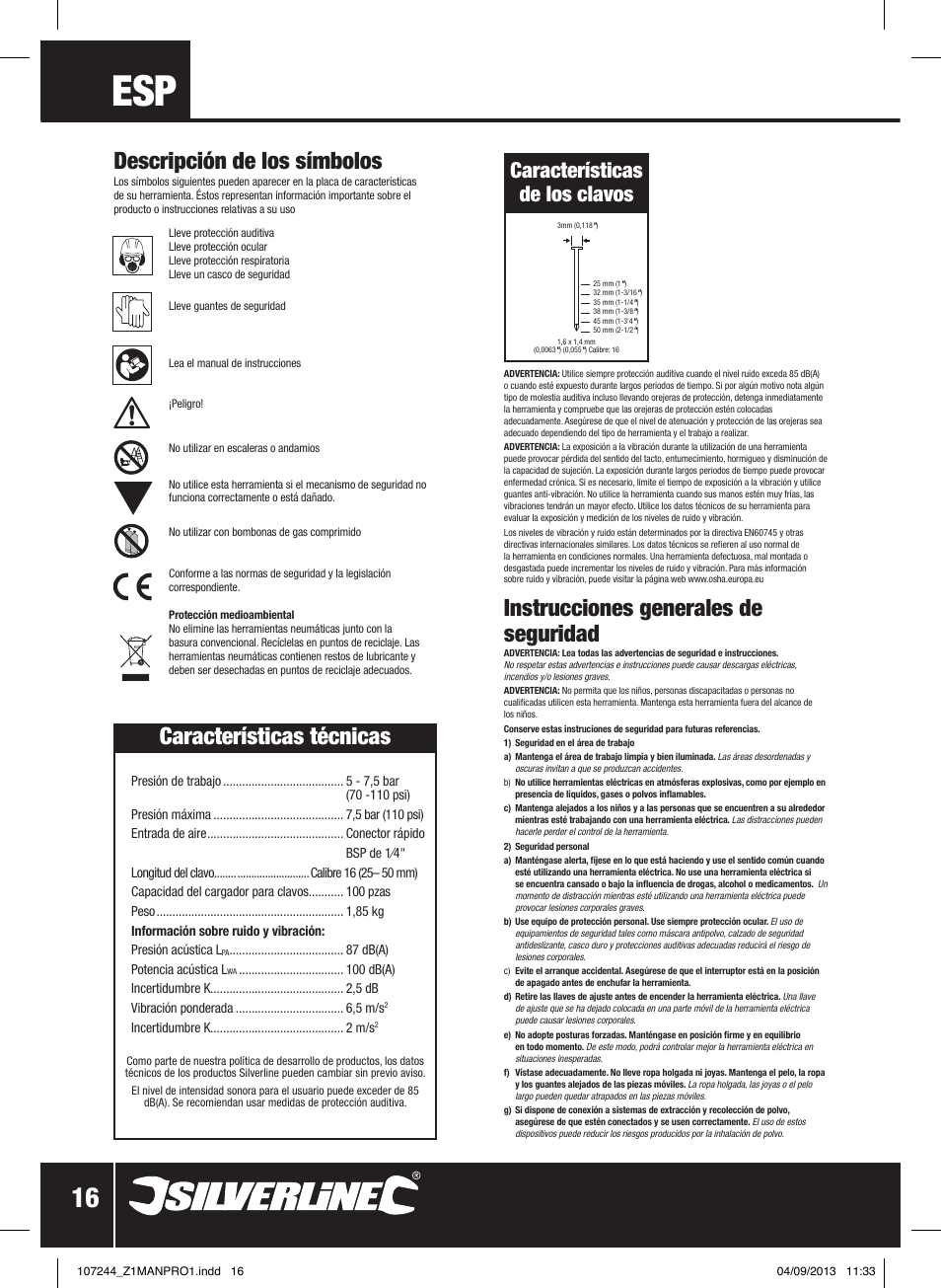 Instrucciones generales de seguridad, Descripción de los símbolos, Características técnicas | Características de los clavos | Silverline Air Finishing Nailer 50mm User Manual | Page 17 / 32