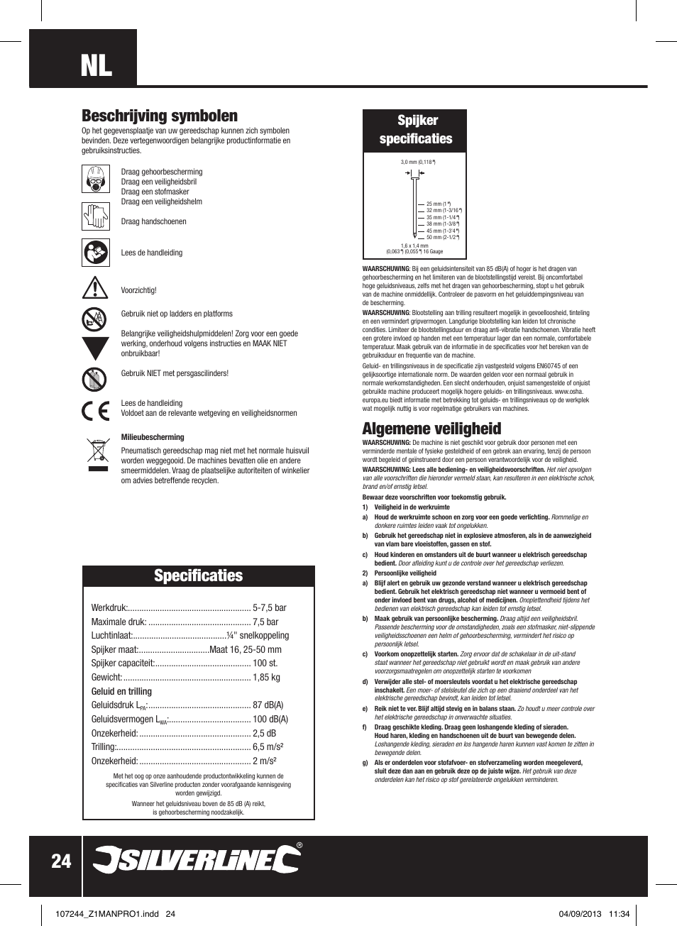 Algemene veiligheid, Specificaties, Beschrijving symbolen | Spijker specificaties | Silverline Air Finishing Nailer 50mm User Manual | Page 25 / 32